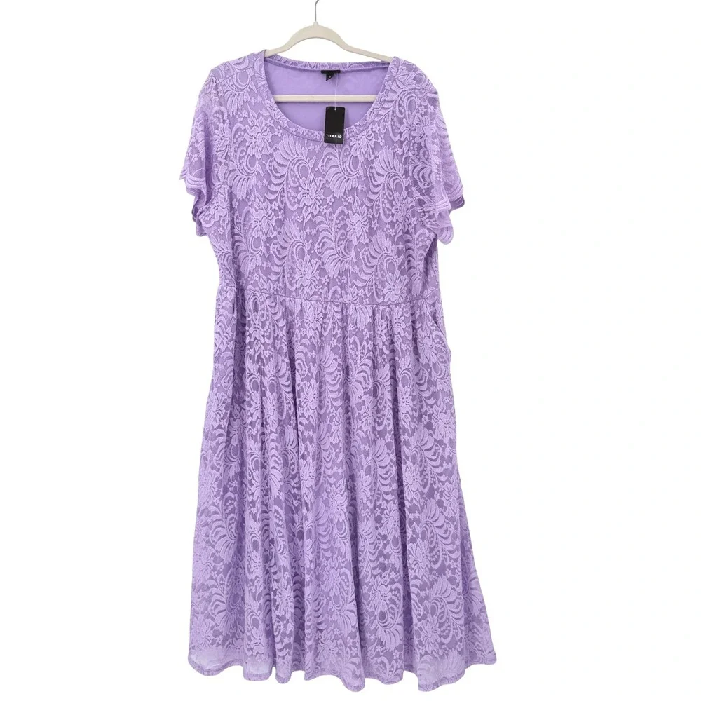 Torrid Lilac Purple Floral Lace Midi Fit and Flare Dress Pockets 3X 22-24 NEW - Picture 1 of 8